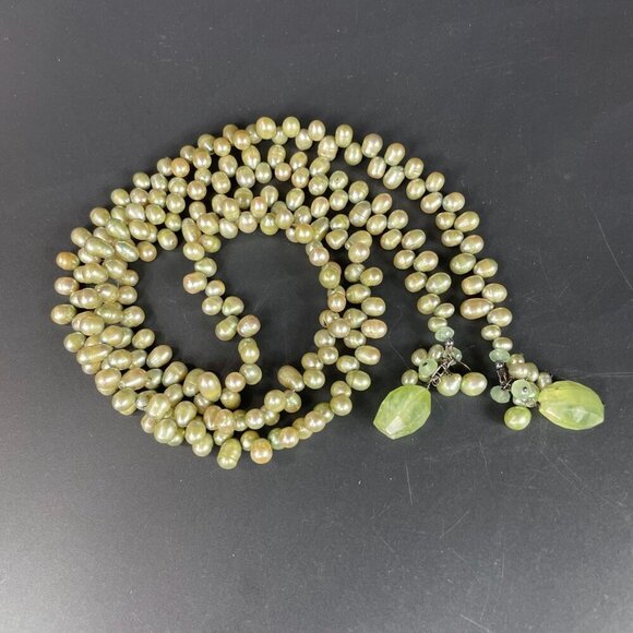 Artisan Green Freshwater Pearl Quartz Long Lariat Necklace Beaded Tassels - Picture 4 of 5